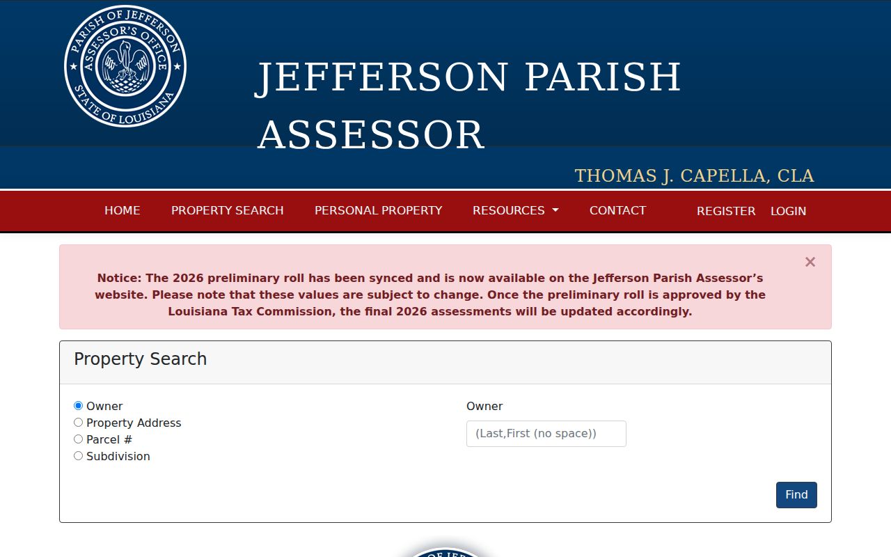 Jefferson Parish Assessor alternate parcel search used for Kenner street records