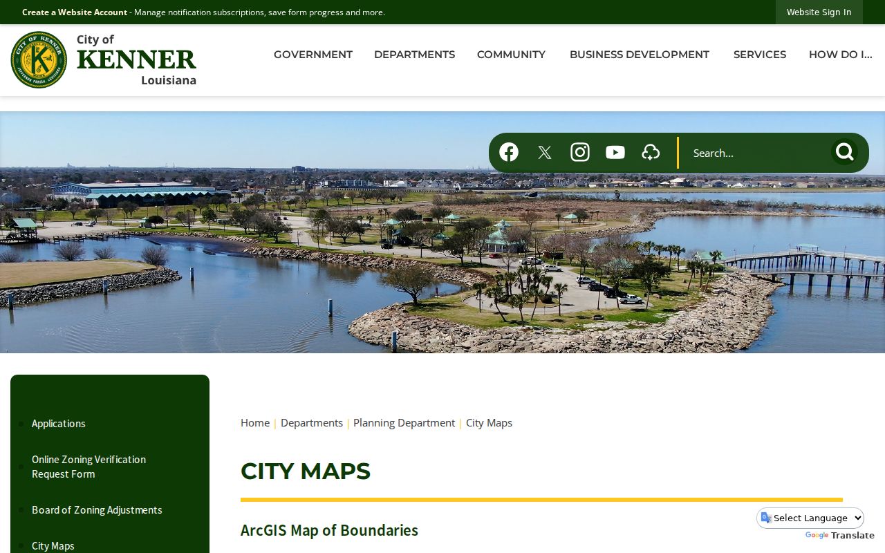 Official Kenner city maps page with street subdivision zoning and precinct maps