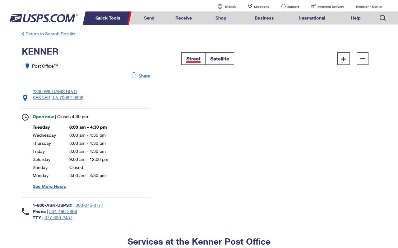 USPS listing for the Kenner Post Office associated with ZIP 70062